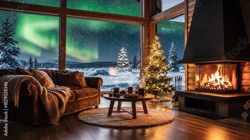 Luxury cabin interior with large window view of snowy landscape and vibrant green aurora borealis over the night sky 4k video