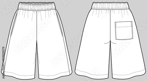 mens elastic waist band casual shorts flat sketch vector illustration front and back view technical cad drawing template
