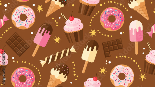 Seamless pattern of various sweet desserts like donuts, cupcakes, ice cream, and chocolate on brown background