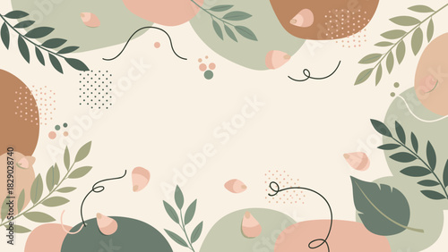 Abstract botanical background with pastel color shapes and leaf frame for banner design