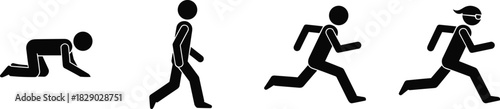 Crawl Walk Run Evolution Icons Sequence with Stick Figures Moving Fast Vector Illustration