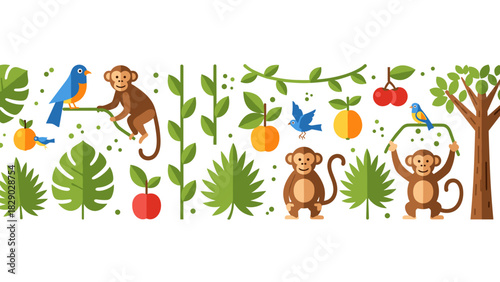 Jungle pattern with monkey bird fruit leaf vine tree flat design