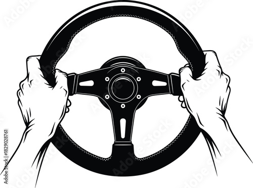 Driver Hands Holding Car Steering Wheel Vector Illustration in Black and White for Automotive Transportation and Road Trip Travel Concept