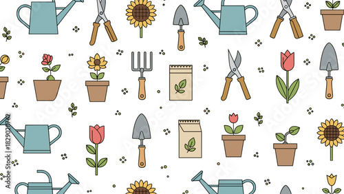 Seamless pattern of gardening tools, flowers, and seed packets on