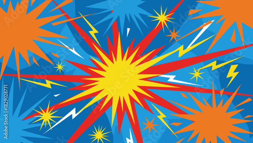 Vibrant comic book style explosion background with bright starbursts and lightning bolts on blue