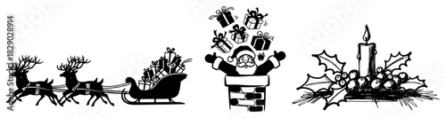 Christmas Silhouette Set Featuring Santa in Chimney Reindeer Sleigh with Gifts and Festive Candle with Holly Vector Illustration
