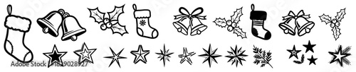 Christmas vector icon set collection of hand drawn holiday elements including bells stockings holly berries and stars