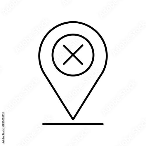 Outline of location pin with x inside of circle shape on transparent background