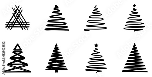 Collection of Abstract Hand Drawn Christmas Tree Silhouettes Featuring Scribble Zigzag and Spiral Designs Vector Illustration