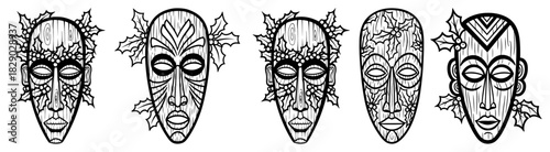 Set of Stylized Wooden Tribal Masks Decorated with Christmas Holly Leaves and Berries Black and White Vector Illustration