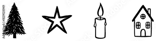 Hand drawn Christmas doodle vector set featuring pine tree star burning candle and winter house illustration