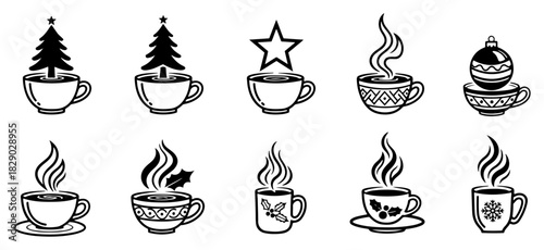 Christmas hot drink vector icon set collection of coffee cups and mugs with holiday decorations trees and steam