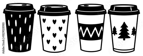 Set of Disposable Takeaway Coffee Cups Featuring Hearts Christmas Trees and Geometric Patterns Vector Illustration