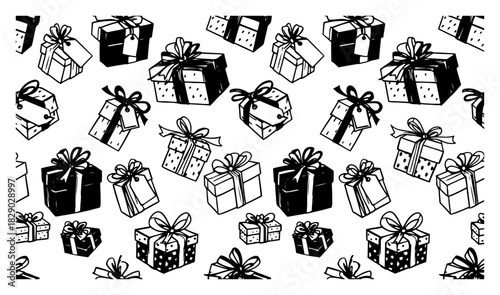 Seamless pattern with hand drawn gift boxes and presents featuring ribbons and bows black and white vector background for christmas or birthday wrapping paper