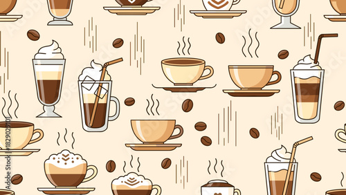 Seamless pattern of various hot and cold coffee beverage cups and beans on beige background