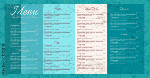Mediterranean menu design, restaurant branding template with hand-drawn cuisine icons: pizza, spaghetti, seafood, olives, lemons. Vector modern layout for dining card or brochure