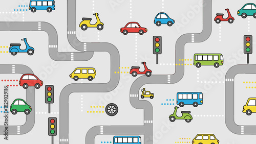 Seamless pattern with cartoon vehicle traffic, cars, bus, scooter, and traffic light on road