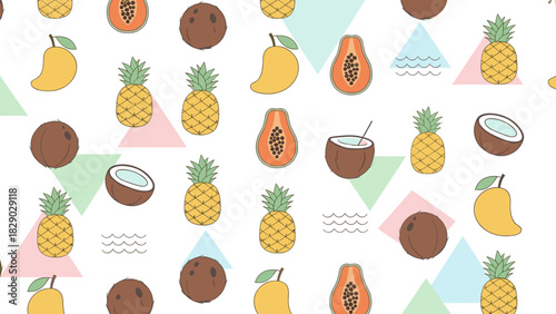 Seamless pattern with cute cartoon tropical fruit like pineapple mango coconut and papaya