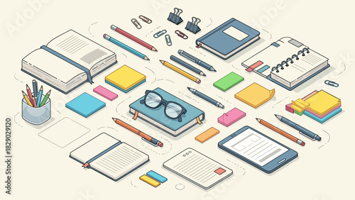 Isometric flat lay of various stationery items including notebook, book, glasses, pen, and sticky note