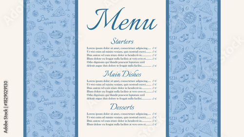 Italian restaurant menu template with Mediterranean lemon theme. Elegant Greek-inspired patterns and citrus illustrations for bar branding, summer dining cards, and cocktail designs. Vector art