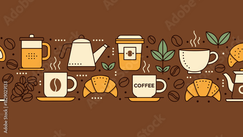 Seamless pattern of coffee break elements like cups, croissants, and brewing tools in flat design