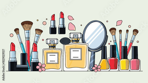 Collection of cosmetic and beauty product illustration featuring perfume, lipstick, nail polish, and brush