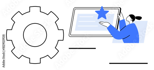 Gear alongside person interacting with a digital screen showcasing a star. Ideal for productivity, settings, user interface, workflow, quality assurance, task management, innovation. Simple flat