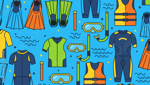 Seamless pattern of snorkeling and diving equipment on blue water background for summer