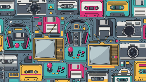 Seamless pattern of retro technology and vintage gadget icons in colorful flat design style