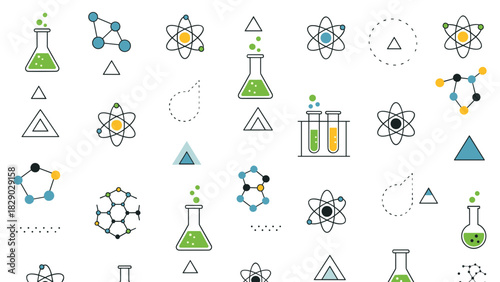 Seamless pattern of science and chemistry icons including flask, atom, and molecule structure