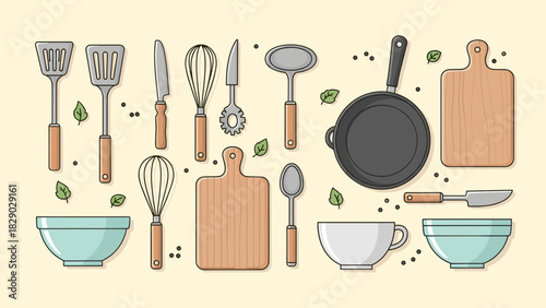 Collection of various kitchen utensil and cooking tool illustrations on a light background