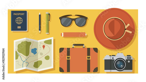 Flat lay of travel essential item collection for vacation journey planning and adventure