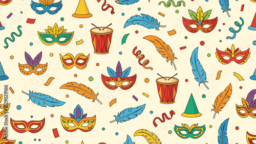 Seamless pattern with colorful carnival masks, feathers, confetti, and party hats on light background