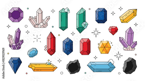 Collection of various colorful crystal and gemstone icons