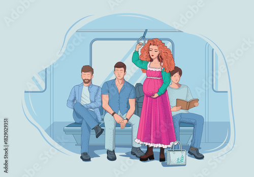 A pregnant woman stands on public transport. No one gives up her seat. A poster about psychology and human relationships. A concept about women's issues. Social etiquette. Vector