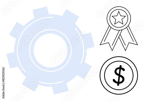 Light gear, star medal, and dollar coin signifying achievement, efficiency, financial growth, value creation. Ideal for business, finance quality innovation productivity rewards teamwork. Simple