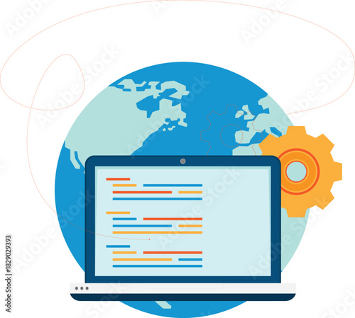 Global Web Development Coding Illustration | Laptop Programming Vector Design
