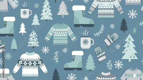 Seamless winter pattern with cozy sweater, boot, mug, tree, and mitten on blue background