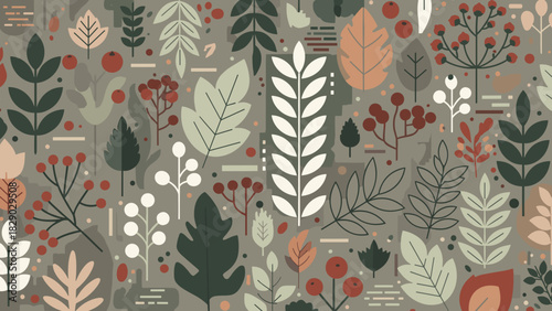 Seamless pattern of stylized autumn forest foliage and berries in muted earth tones