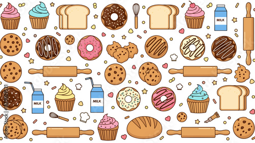 Seamless pattern of various baked goods like bread, donut, cookie, cupcake, and rolling pin