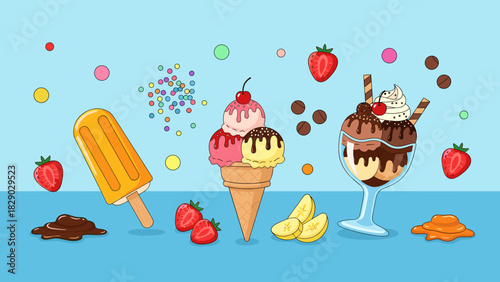 Collection of colorful sweet frozen dessert illustrations including ice cream cone, sundae, and popsicle on blue