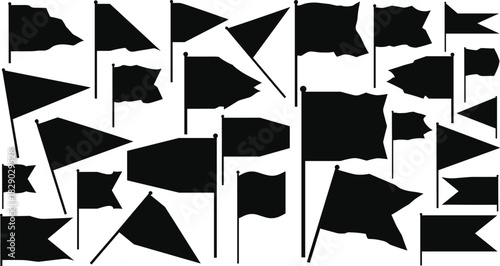 Set of Waving Black Flag Silhouettes Vector Illustrations, Featuring Various Banner Shapes, Flagpoles, and Movement Dynamics for Symbols and Graphics