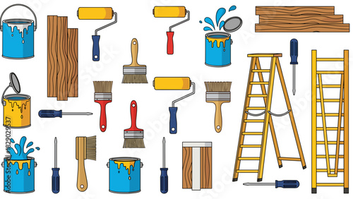 Collection of various painting and carpentry tool icons for home improvement projects