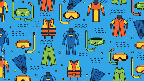 Seamless pattern of colorful diving and snorkeling equipment on blue water background