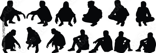 Silhouettes of Men and Women in Various Squatting and Sitting Poses on White Background Vector Collection for People Theme