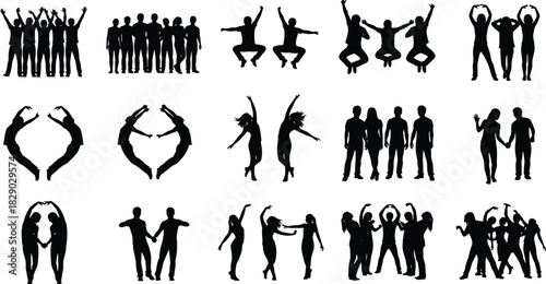 Vector Set of People Silhouettes in Various Poses Including Jumping, Dancing, Forming Shapes, and Standing in Groups, Illustrating Community and Teamwork