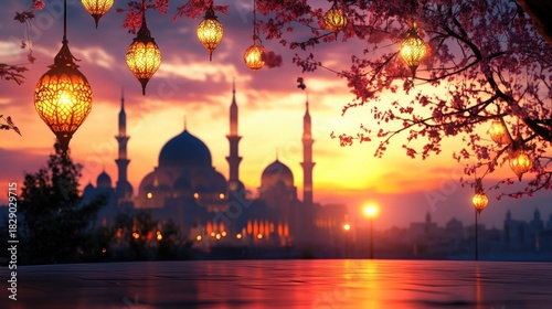 Illuminated Lanterns Over Mosque at Sunset: Serene Islamic Scene