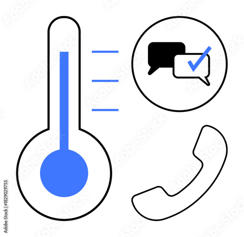 Blue thermometer with chat bubbles and check mark, alongside a phone icon. Ideal for communication, feedback, progress tracking, customer service, evaluation, teamwork, communication strategy simple