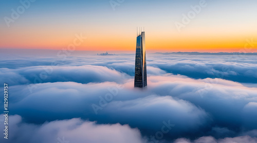A lone skyscraper piercing through a sea of clouds during sunrise, portraying solitude amidst beauty, as nature and urban life harmoniously coexist in a transcendent blend.