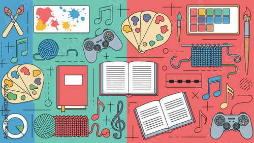 Illustration of hobbies and leisure activities split by color theme for creative contrast